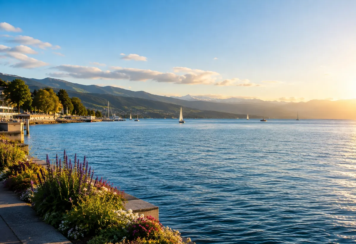 Le lac de Neuchâtel au soleil couchant — la fiduciaire Fidunea sert toute la Suisse romande
